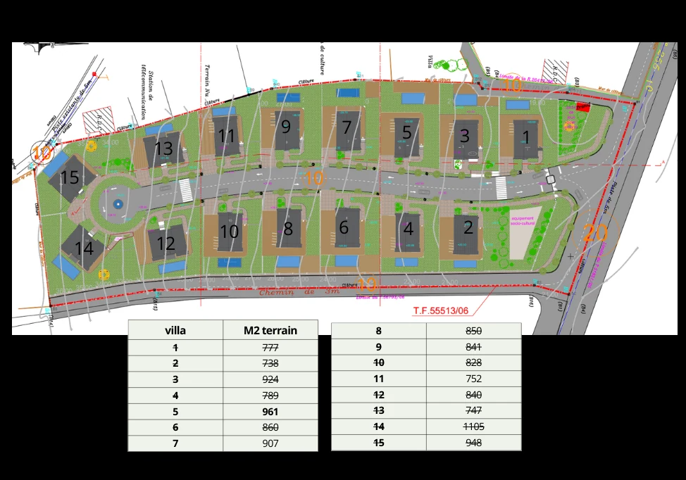 Plan du lotissement du projet Achakar : 15 parcelles de villas avec voiries et espaces verts